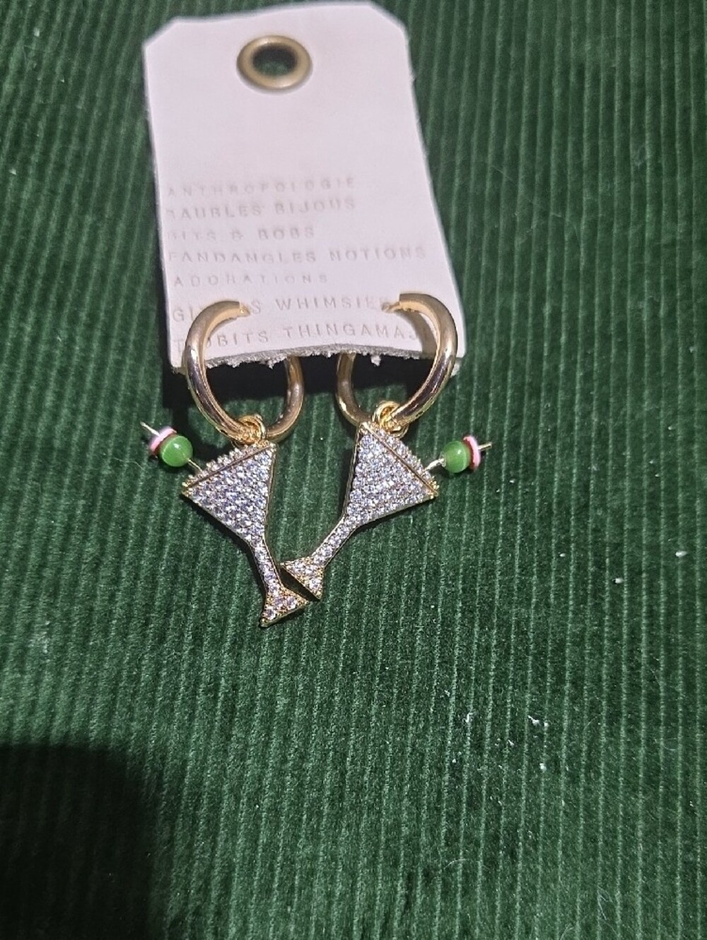 Anthropologie Gold Hoop Earrings with Martini Glass Charms and Pink Olive